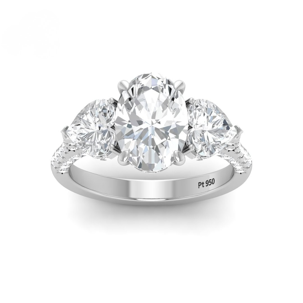 Oval Cut Diamond Engagement Ring with Heart Cut Side Diamonds and 3D Diamond Band  AAC00044 