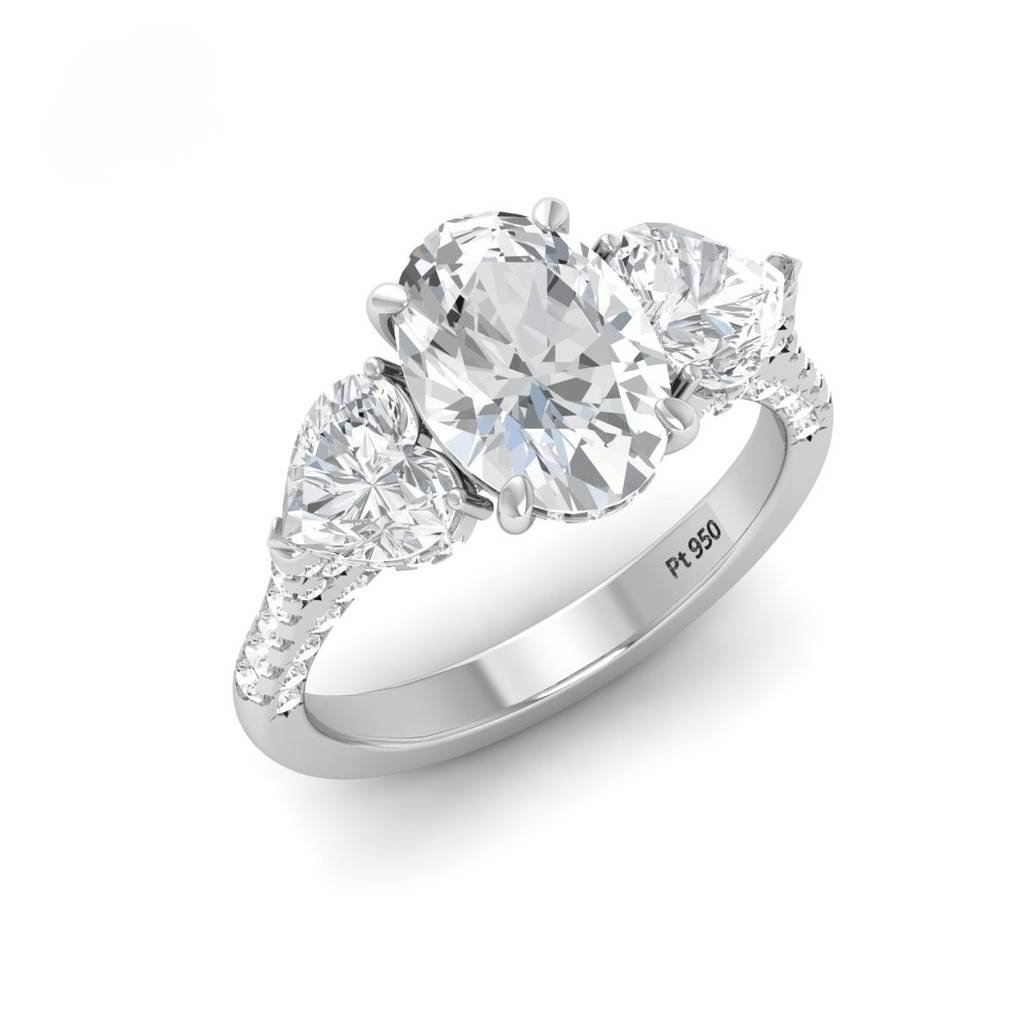 Oval Cut Diamond Engagement Ring with Heart Cut Side Diamonds and 3D Diamond Band  AAC00044 